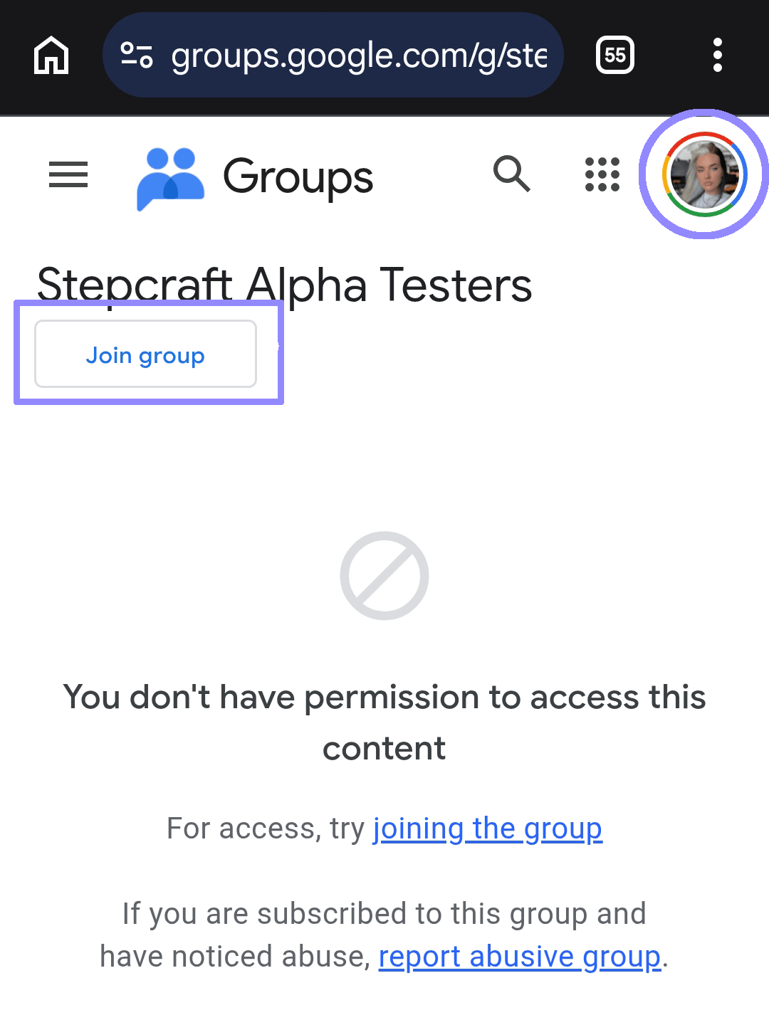 Stepcraft Alpha Testers Google Group page before joining