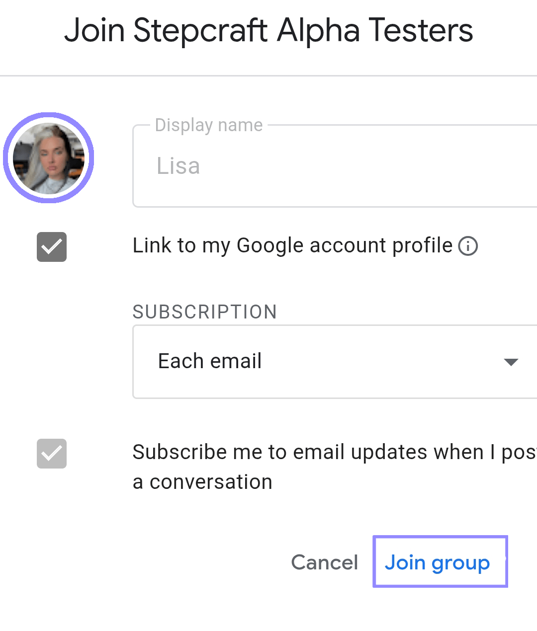 Google Group join confirmation dialog