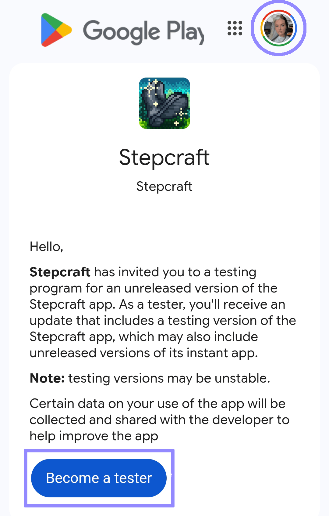 Google Play closed testing opt-in page with Become a tester button
