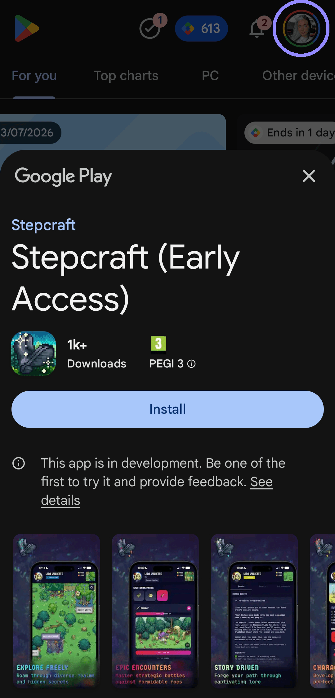 Stepcraft (Early Access) on the Google Play Store with an Install button