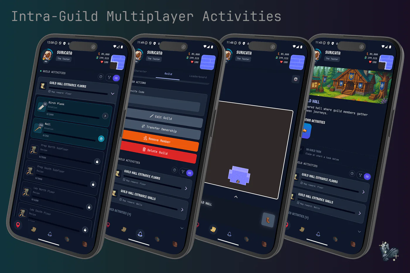 Stepcraft Guild Activities shown across four phones